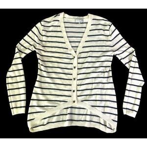 Hanna‎ & Garcia White Black Stripe Lightweight 30% Wool Sweater Gem Button Sz S